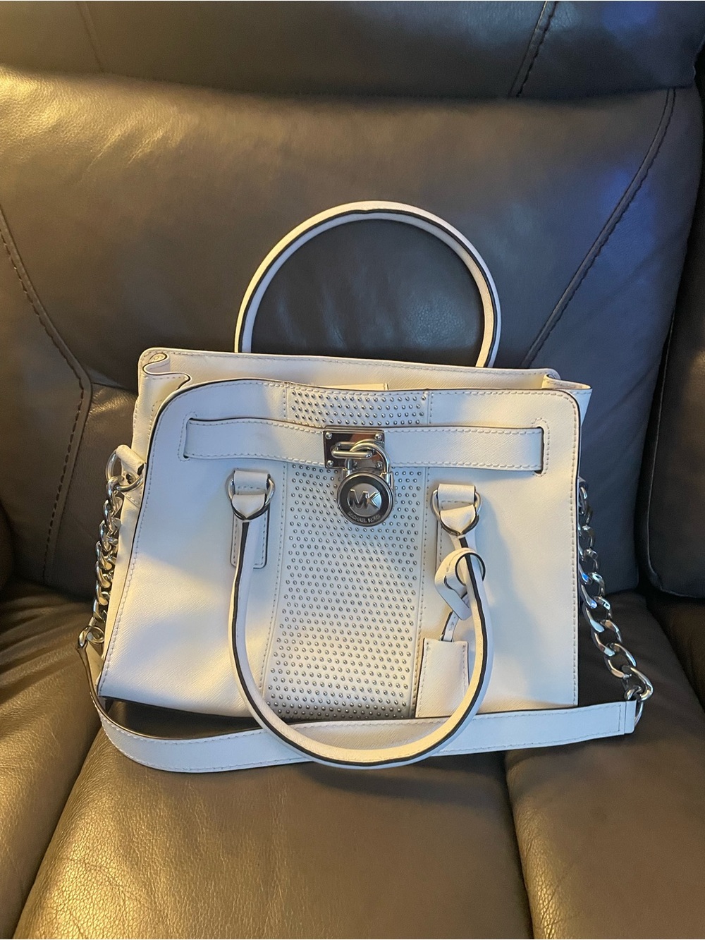 Michael Kors Cream Leather Perforated Satchel with Chain Strap